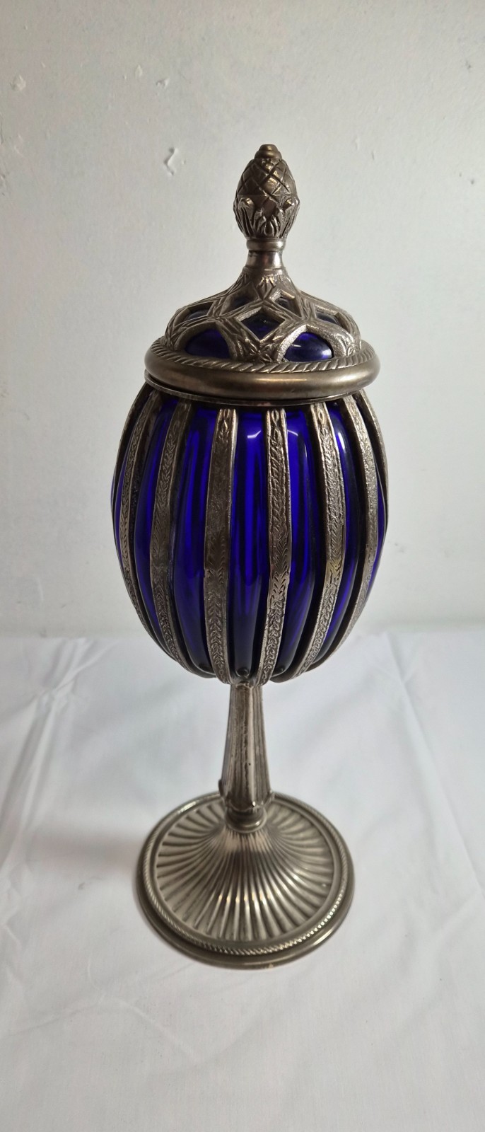 Vintage silver plated cobalt spelter-caged pedestal urn 16.5 x 5.5 inch Vintage silver plated cobalt spelter-caged pedestal urn 16.5 x 5.5 inch