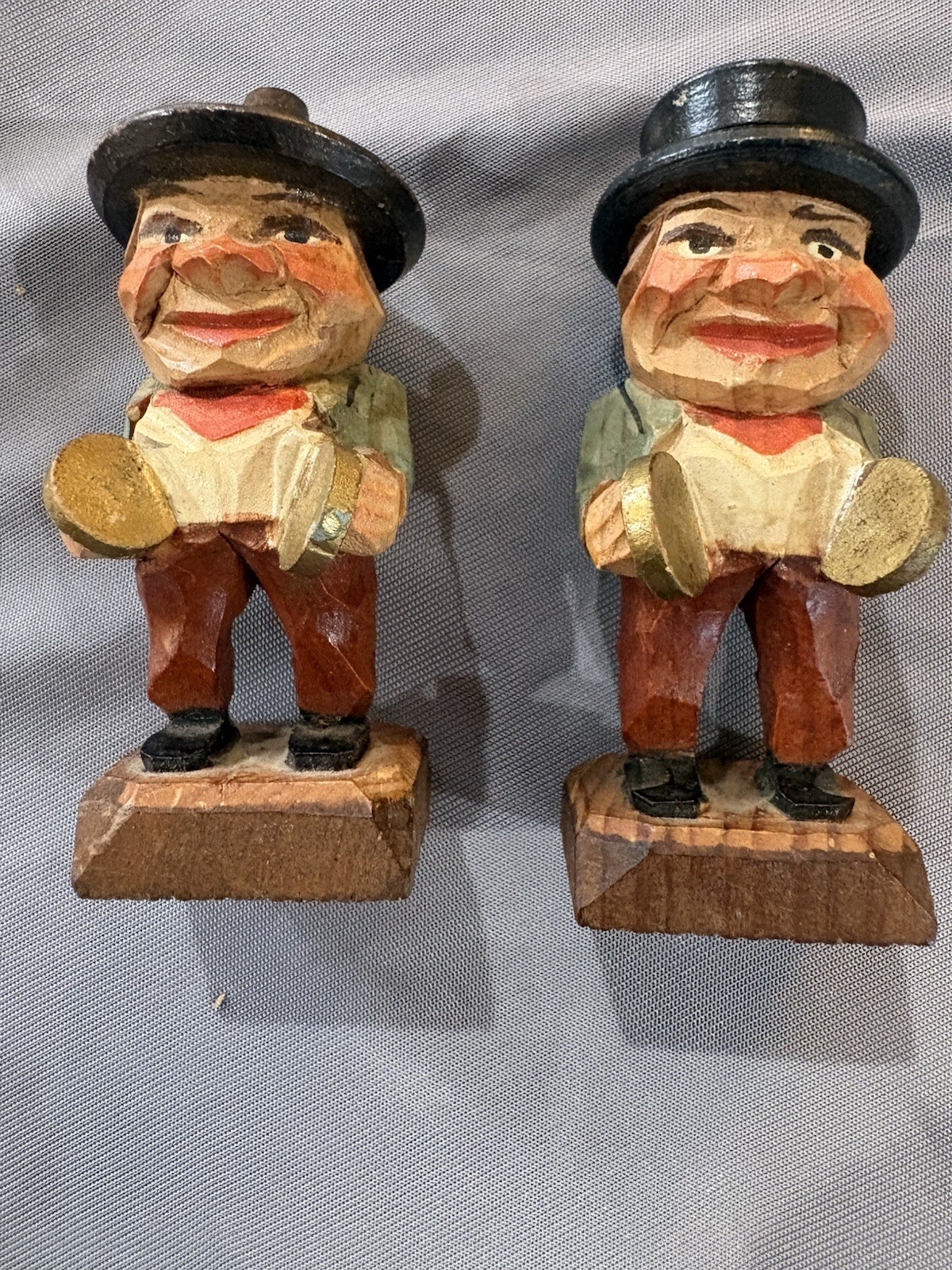 2 Vintage Hand Carved Wooden Musicians With Cymbals