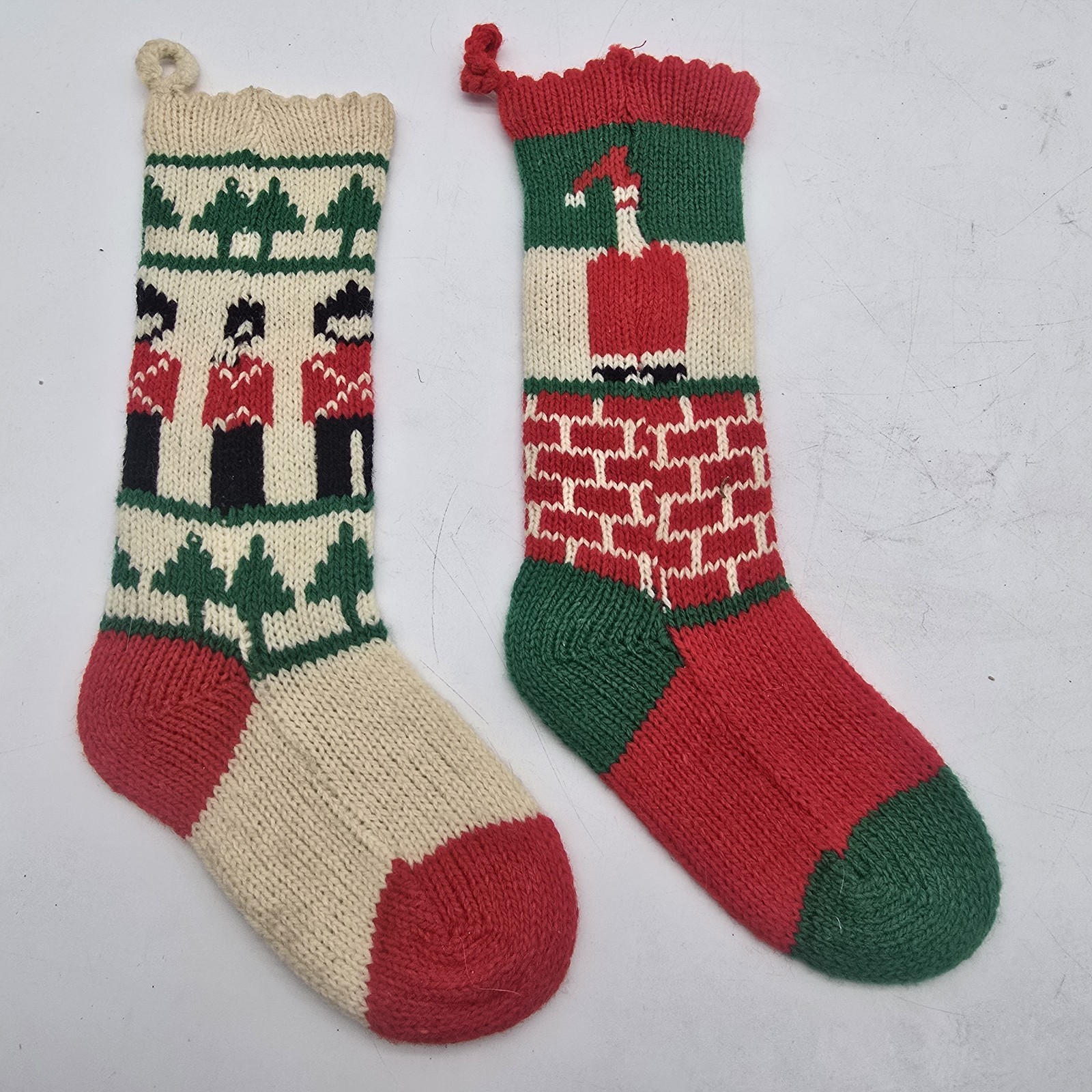 Vintage Handmade Knit Christmas Stockings Santa Toy Soldier Hand-Knitted? WOOL
