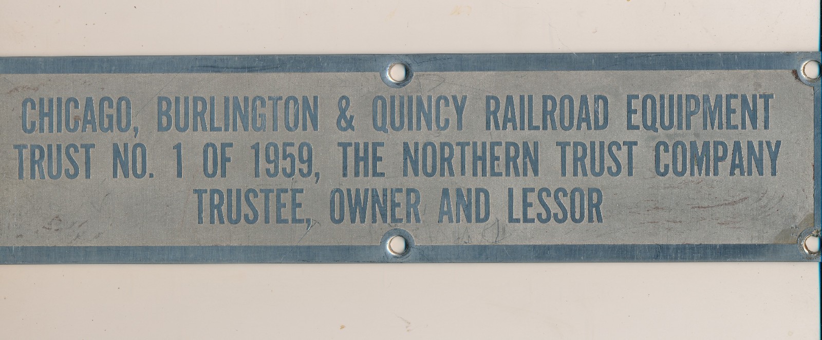 Chicago, Burlington & Quincy Equipment Trust No. 1 of 1959 stainless steel plate
