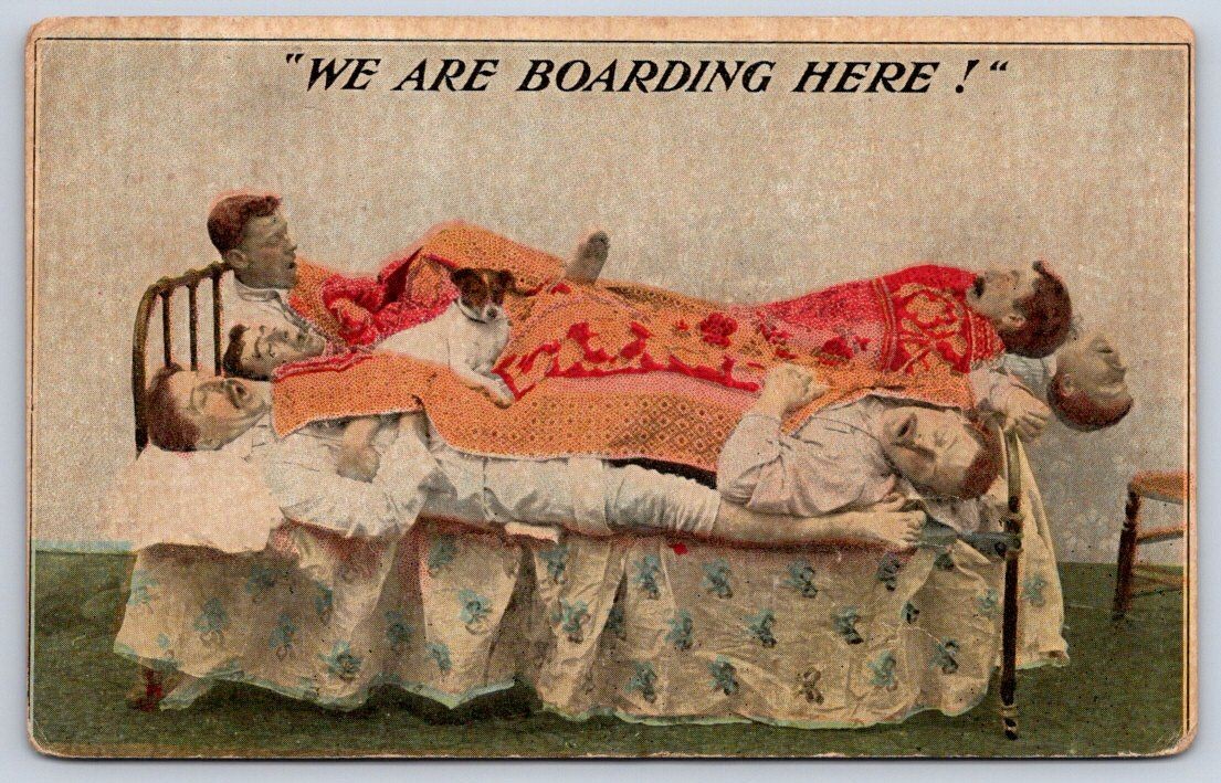 Antique Comic Boarding House Crowded Bed Humor Dog Bamforth 1910 Antique Comic Boarding House Crowded Bed Humor Dog Bamforth 1910
