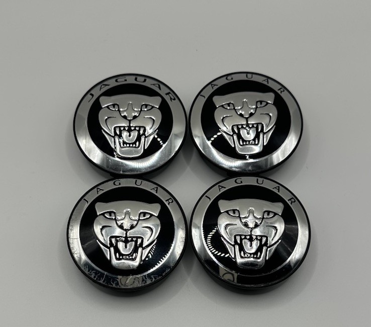 SET OF 4 OEM JAGUAR BLACK 59MM CENTER CAPS 8W93-1A096-AB AW9M-1A096-AN