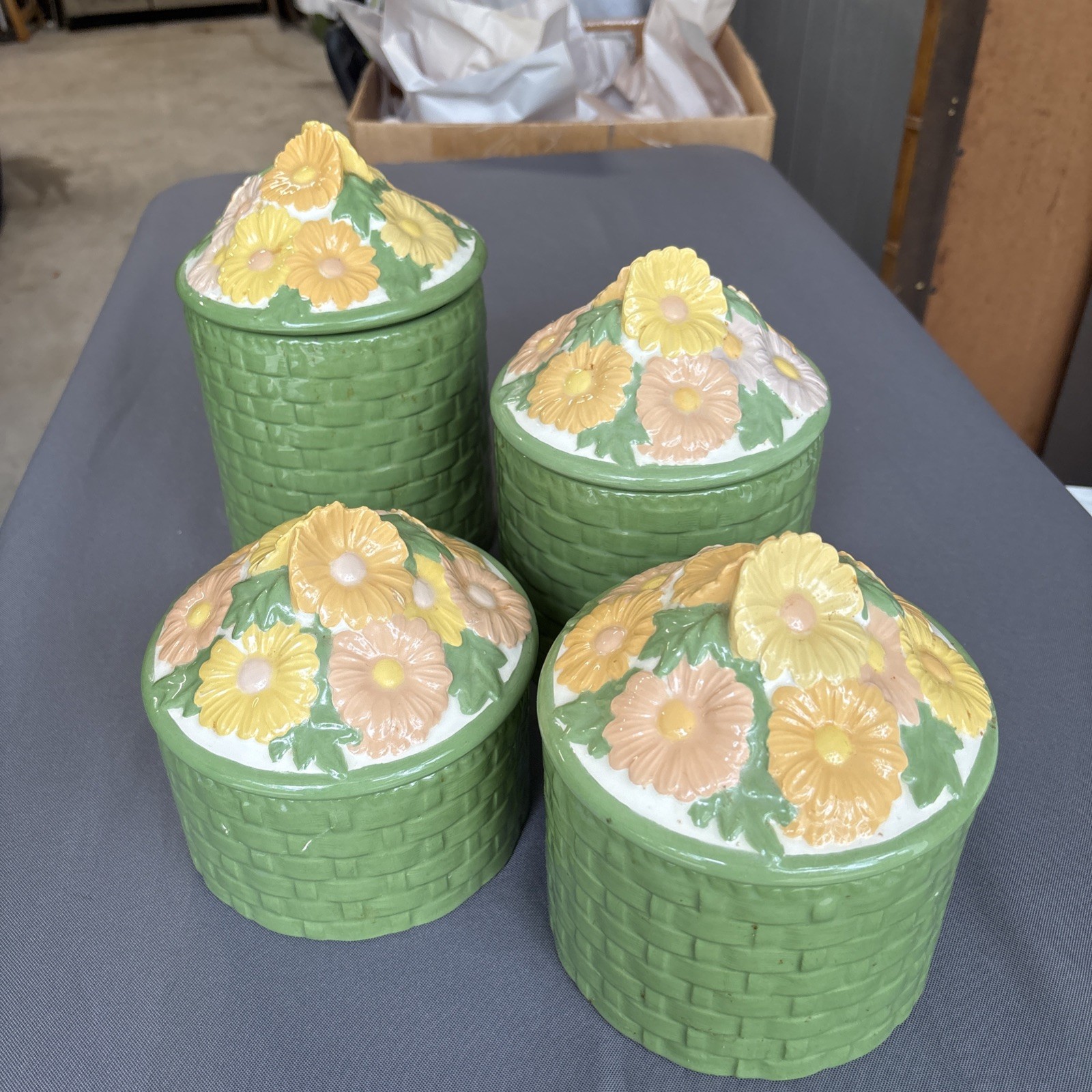 Vintage Basket Weave Canister Set of 4 Daisy Lid Ceramic Pottery 1970's KITCHEN Vintage Basket Weave Canister Set of 4 Daisy Lid Ceramic Pottery 1970's KITCHEN