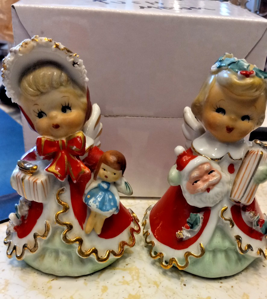 Geo Z Lefton Shopper Girl Christmas Angel Bell Figurines, Set of 2, 4 Geo Z Lefton Shopper Girl Christmas Angel Bell Figurines, Set of 2, 4
