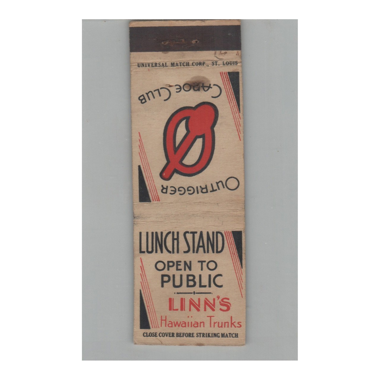 1920s-1930s Universal Match Matchbook Cover Lin's Hawaiian Trunks 1920s-1930s Universal Match Matchbook Cover Lin's Hawaiian Trunks