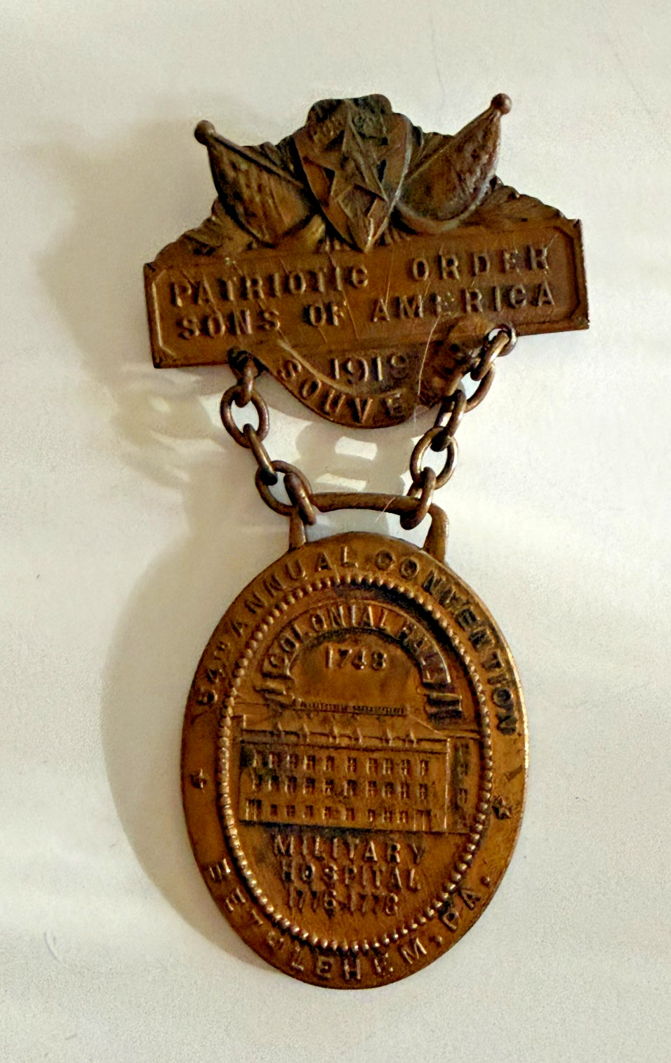 Antique 1919 Patriotic Order Sons of America Medal Bethlehem PA POS of A Antique 1919 Patriotic Order Sons of America Medal Bethlehem PA POS of A