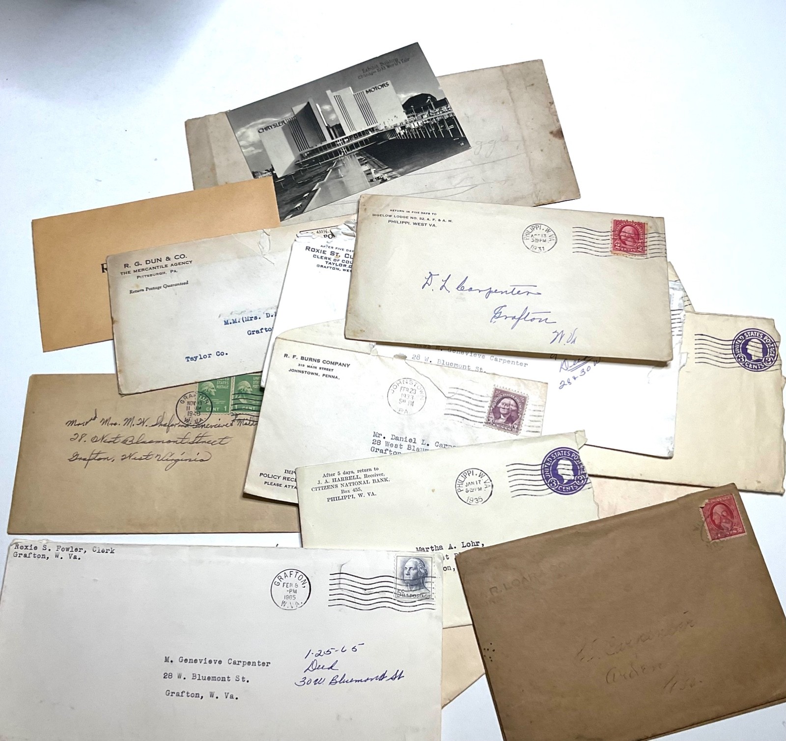 1933 Chicago Worlds Fair Postcard Vintage Postal History Envelope Lot Grafton WV