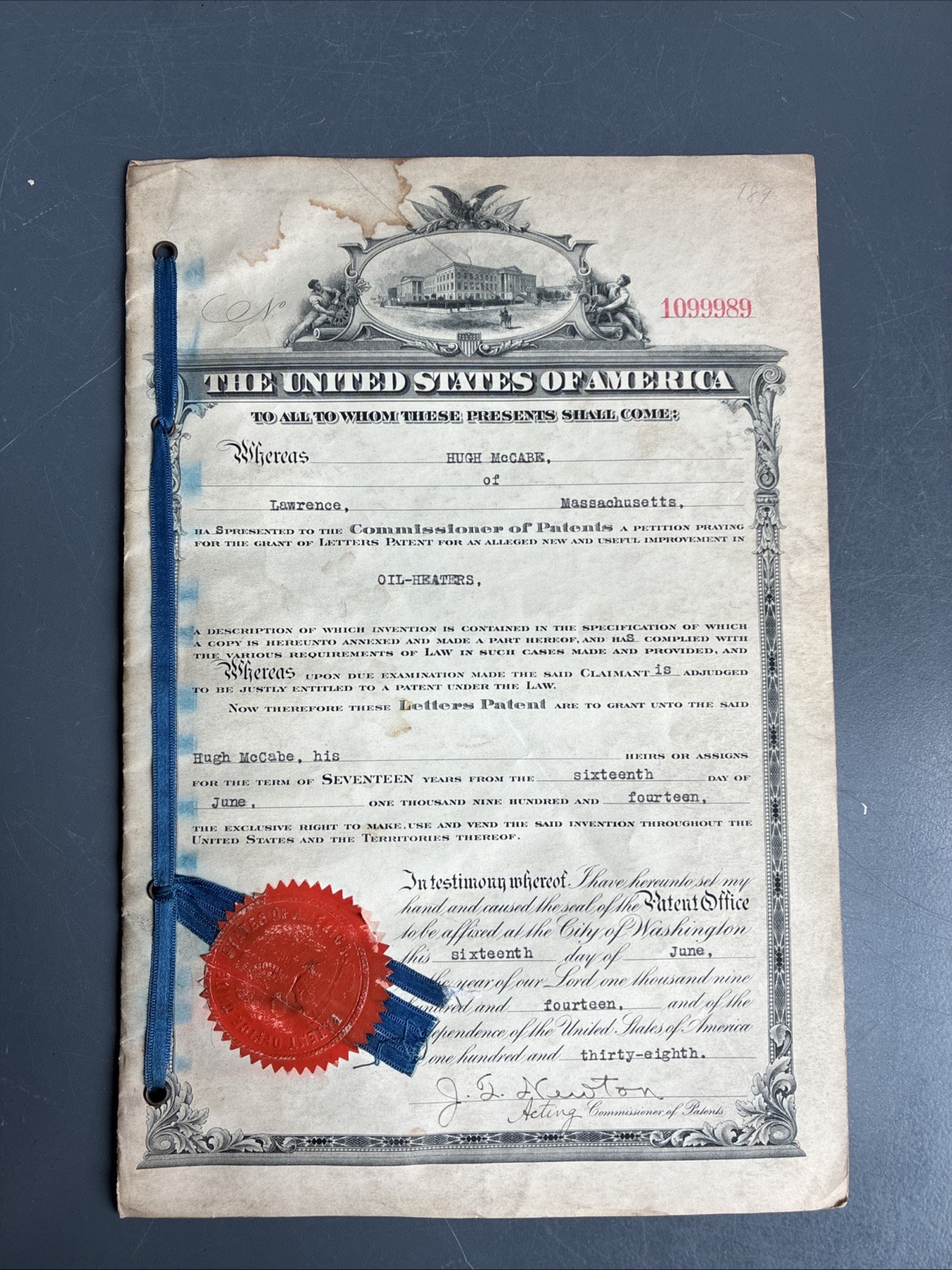 Original 1914 Patent Petition “Oil-Heaters” by Hugh McCabe Lawerence, MA