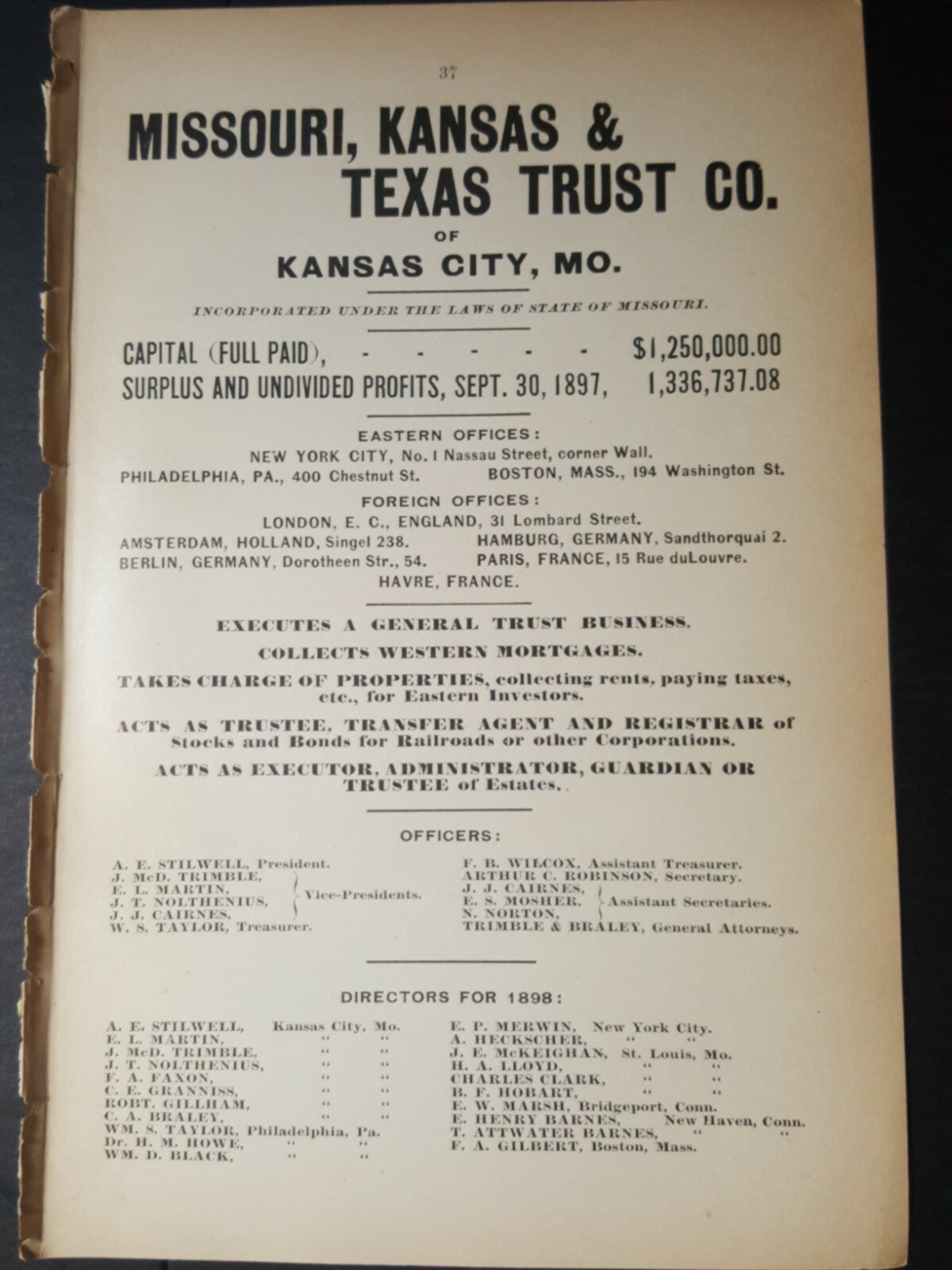 1898 print advertising ad MISSOURI KANSAS & TEXAS TRUST COMPANY Kansas City MO