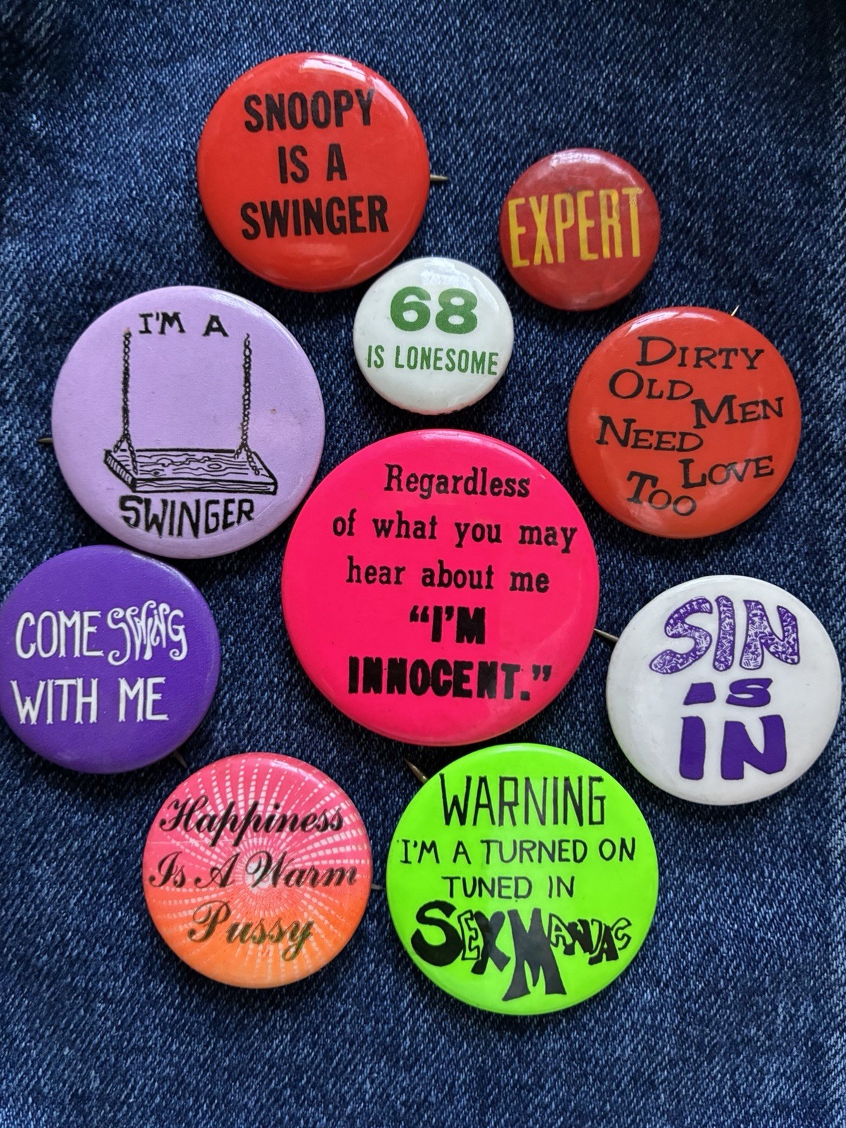 N.O.S. '60's FREE LOVE, SWINGER  CLUB 10  button  Pinback Badge Collection