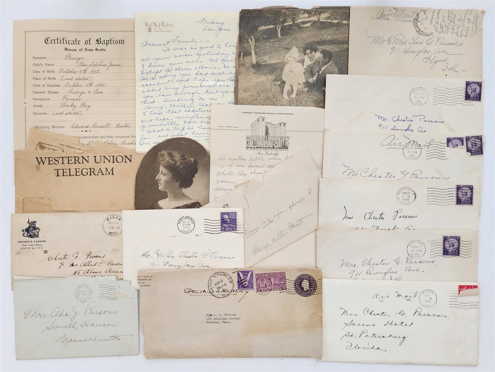 1920s vintage CHARLES PARSONS FAMILY LETTERS elgin il needham ma TELEGRAM