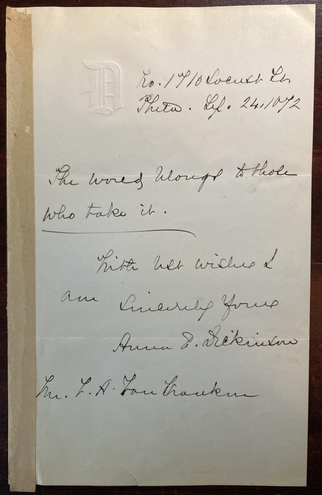 ANNA E. DICKINSON-Autographed Letter Signed-1872-Abolitionist-Women's Rights ANNA E. DICKINSON-Autographed Letter Signed-1872-Abolitionist-Women's Rights