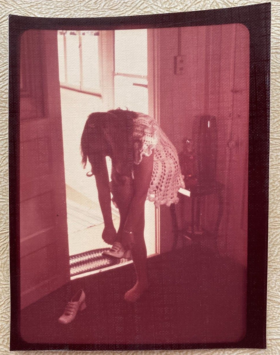 Beautiful Young Woman in Dress Putting on Shoe Vintage Snapshot 5