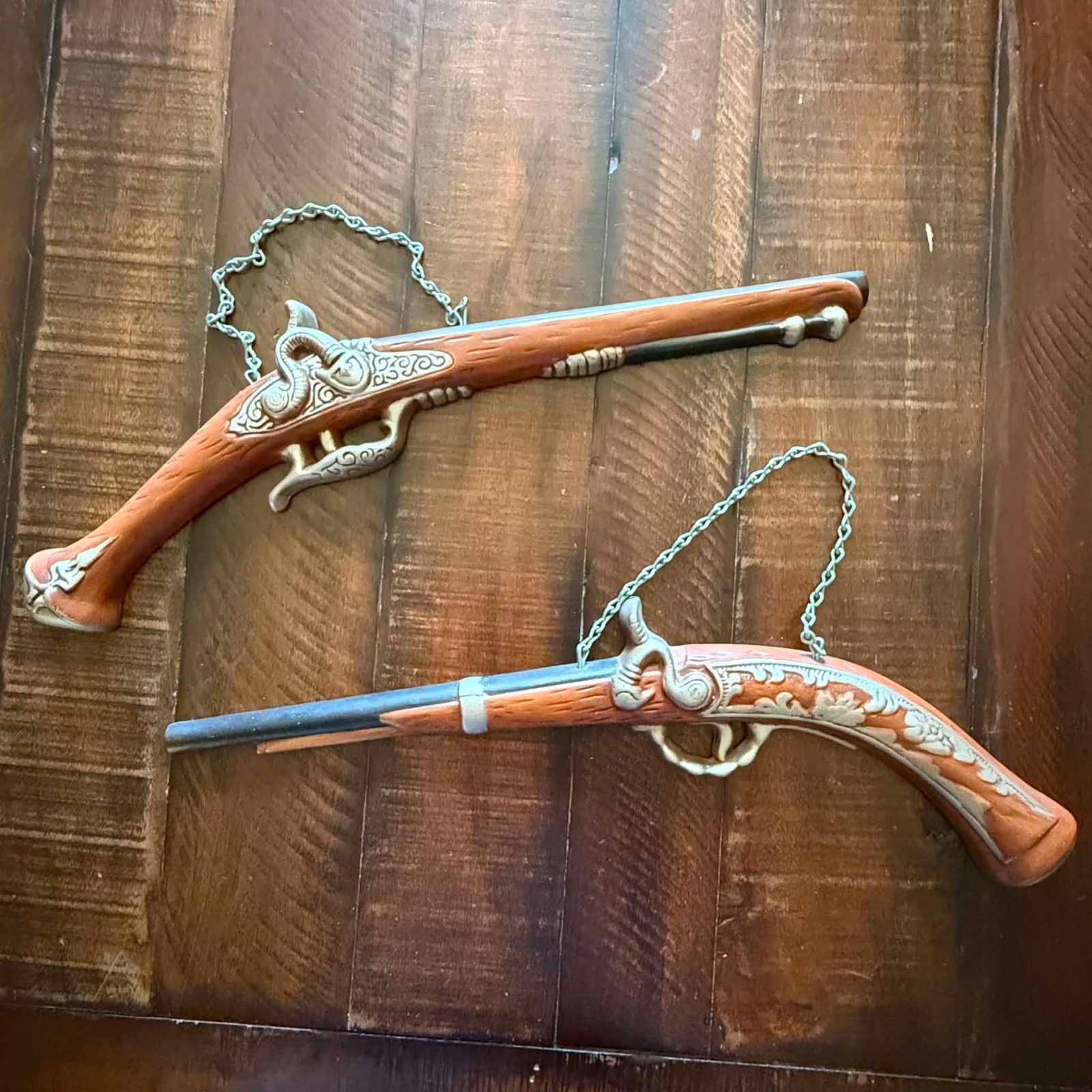 Vintage Mold Ceramic Flintlock Pistol Wall Hangings Pair 1973 Dated Signed