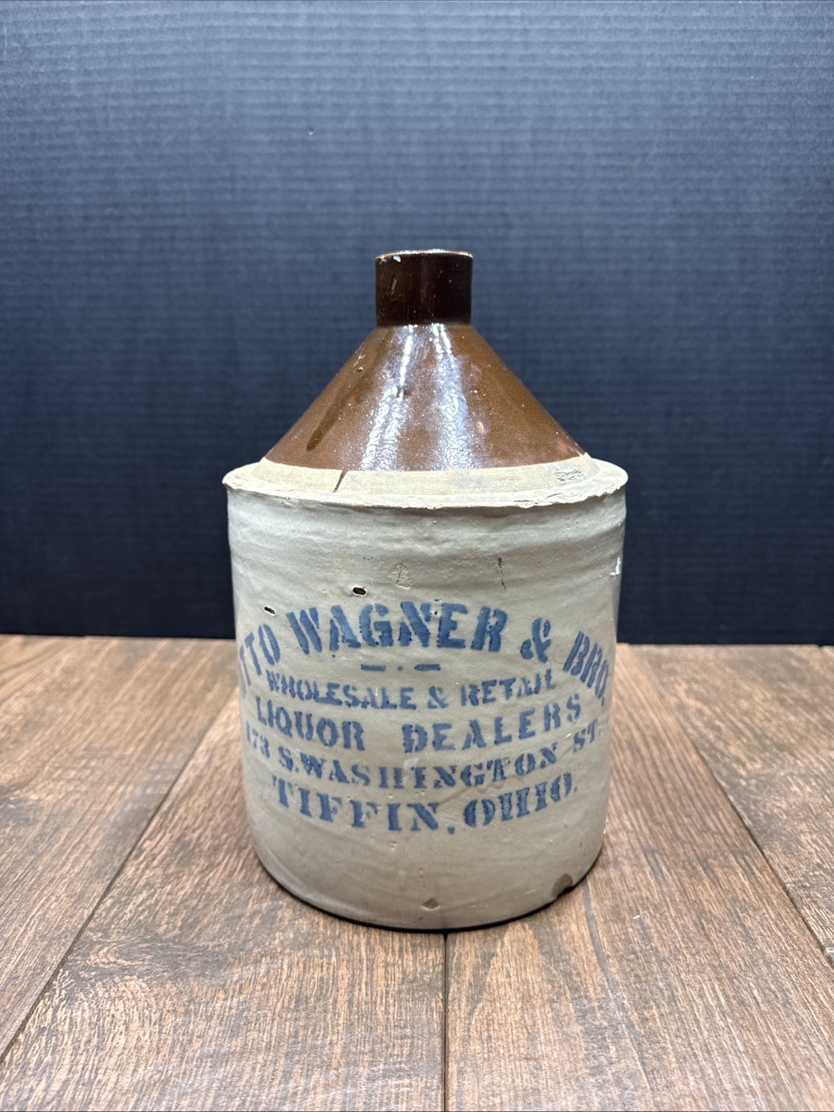 Otto Wagner & Bro Liquor Dealers Tiffin Ohio Stoneware Jug Otto Wagner & Bro Liquor Dealers Tiffin Ohio Stoneware Jug