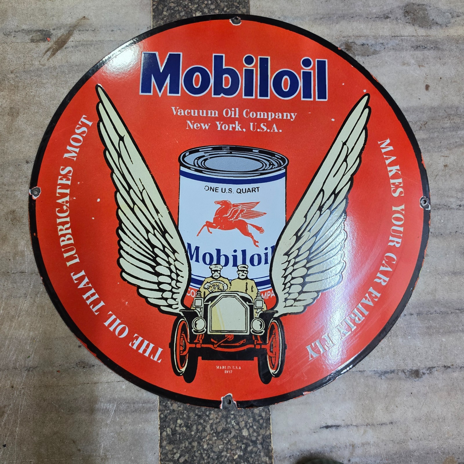MOBILOIL WINGS PORCELAIN ENAMEL SIGN 29 X 29 INCHES