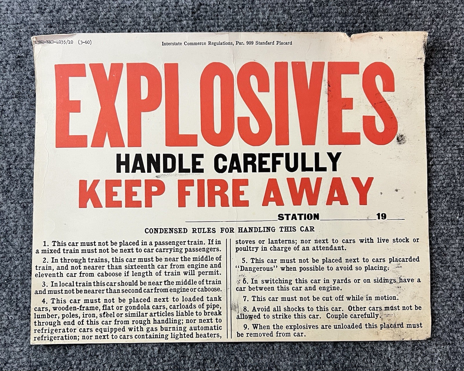 Interstate Commerce EXPLOSIVES Keep Fire Away Original Placard. 1960 Railroad