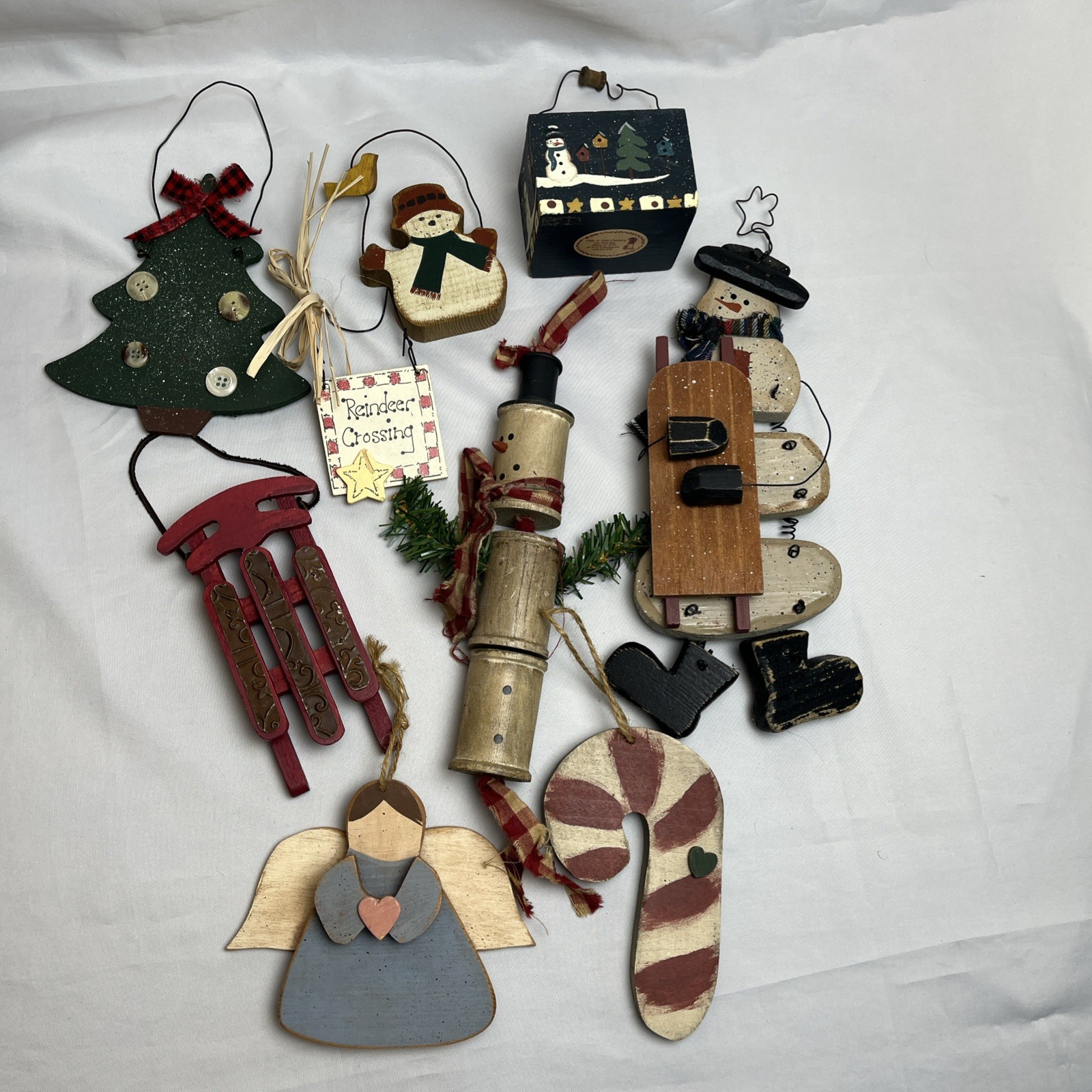 9 Primitive Rustic Wooden Christmas Holiday Ornaments Snowman Sled Etc. Country