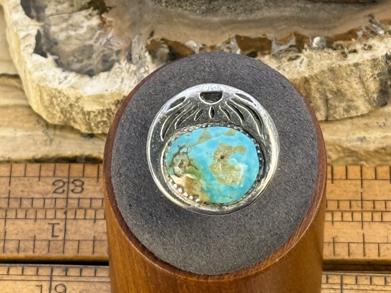 Vintage Navajo Sterling Silver Large Turquoise Sun Ring sz 8.5--2054.26