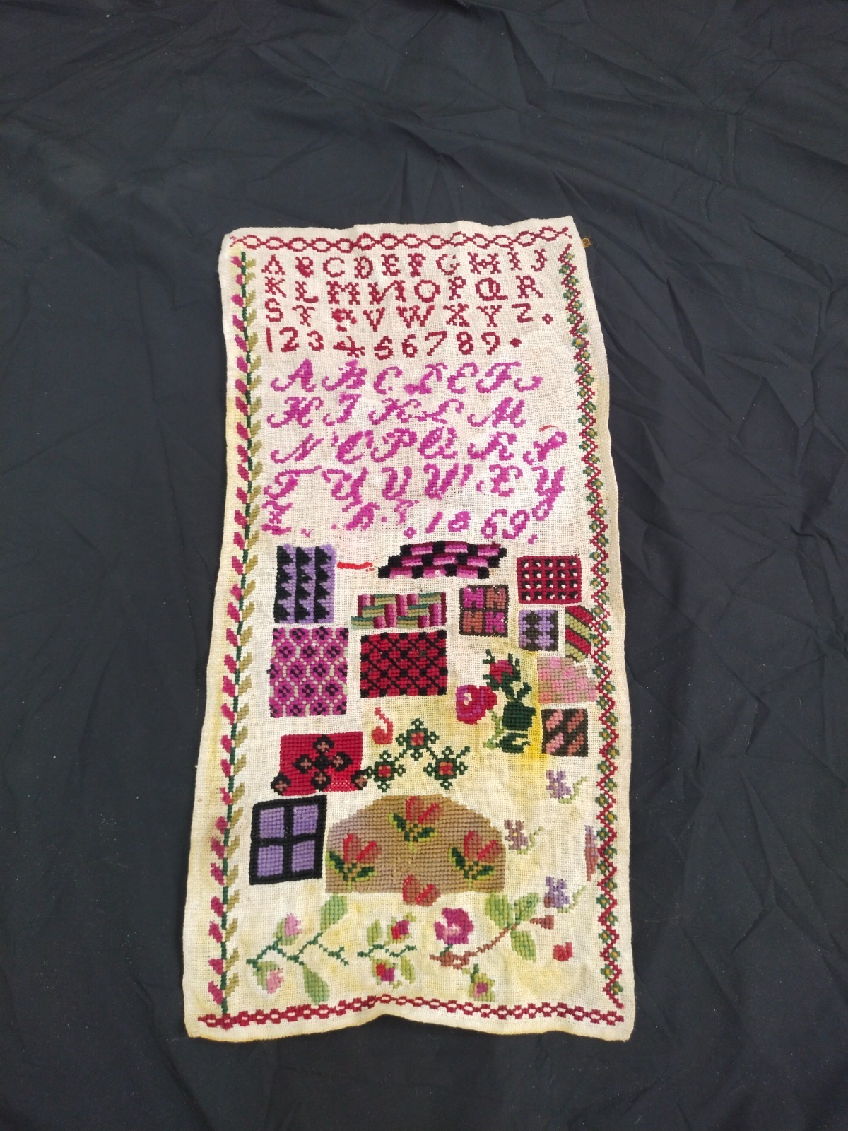 Antique 1869 Needlework Sampler Alphabet Numbers Embroidered Cross Stitch Folk 