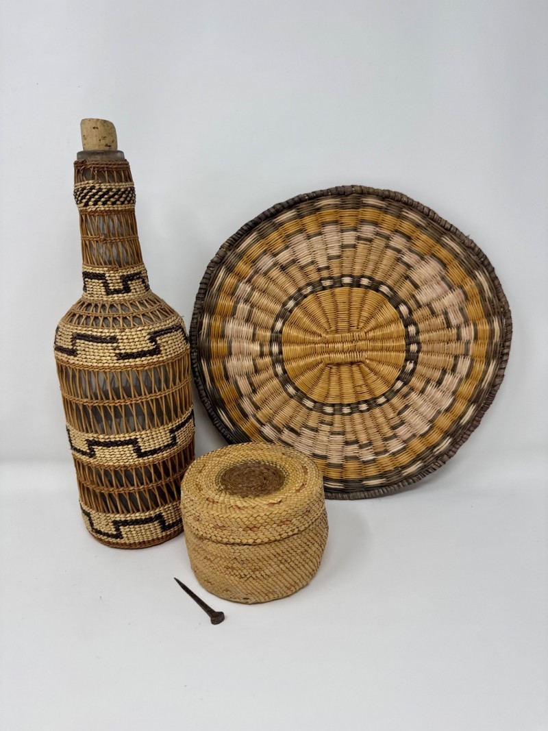 1900s Native American Basketry / Basket, Bottle & Tray - 3 Pieces 1900s Native American Basketry / Basket, Bottle & Tray - 3 Pieces