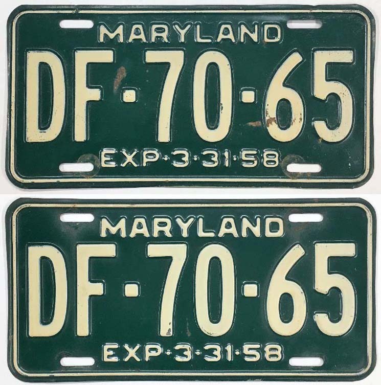 Vintage Maryland 1958 License Plate Pair Set DF-70-65 Original Paint