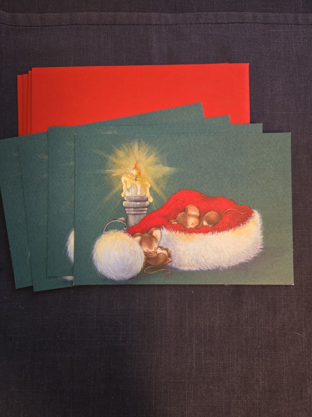 4 vintage Hallmark Christmas cards mice sleeping in Santa's hat