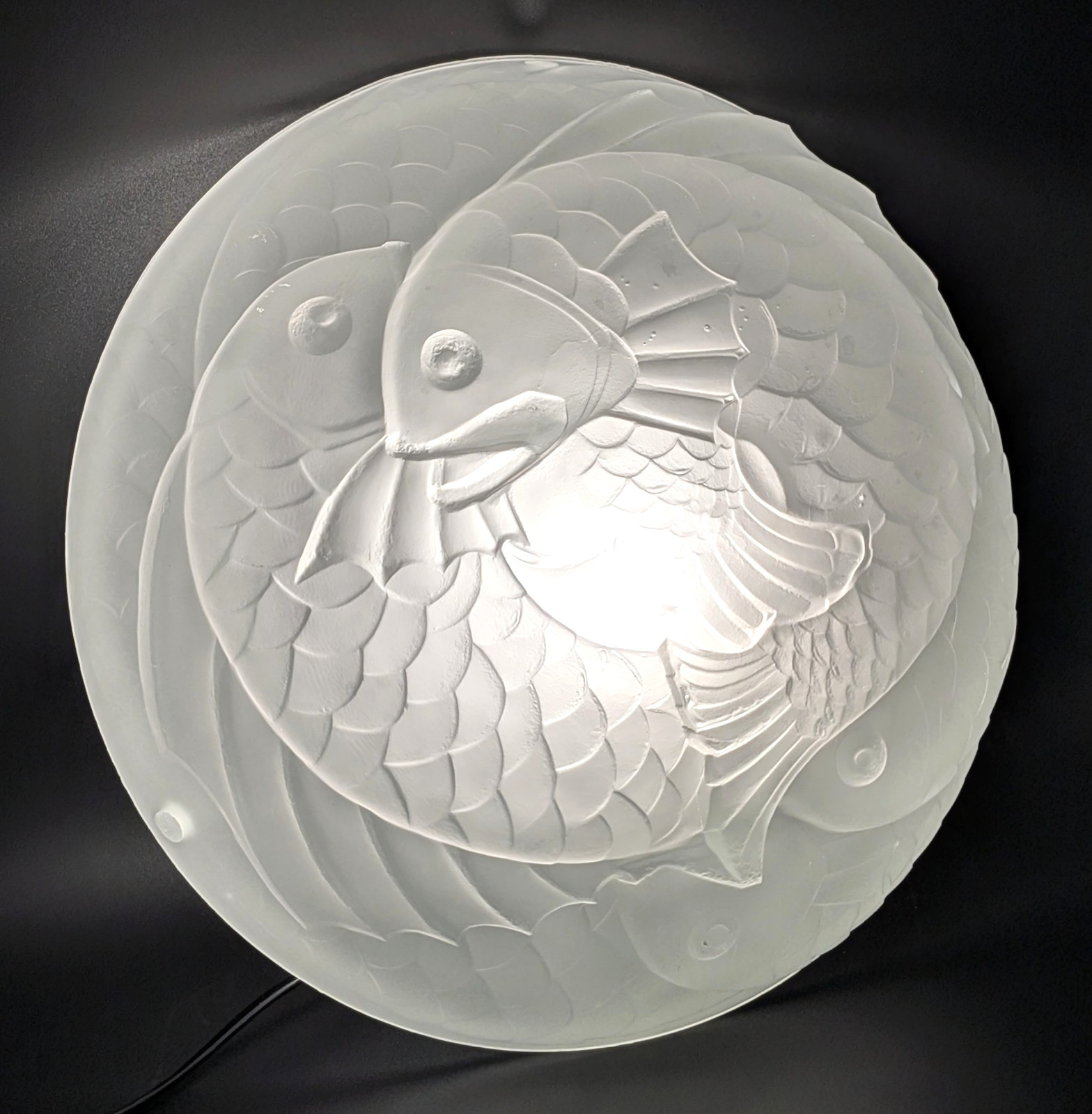 NOS Vintage French Art Deco “Poisson” Fish Pendant Art Glass Shade, 13” dia.