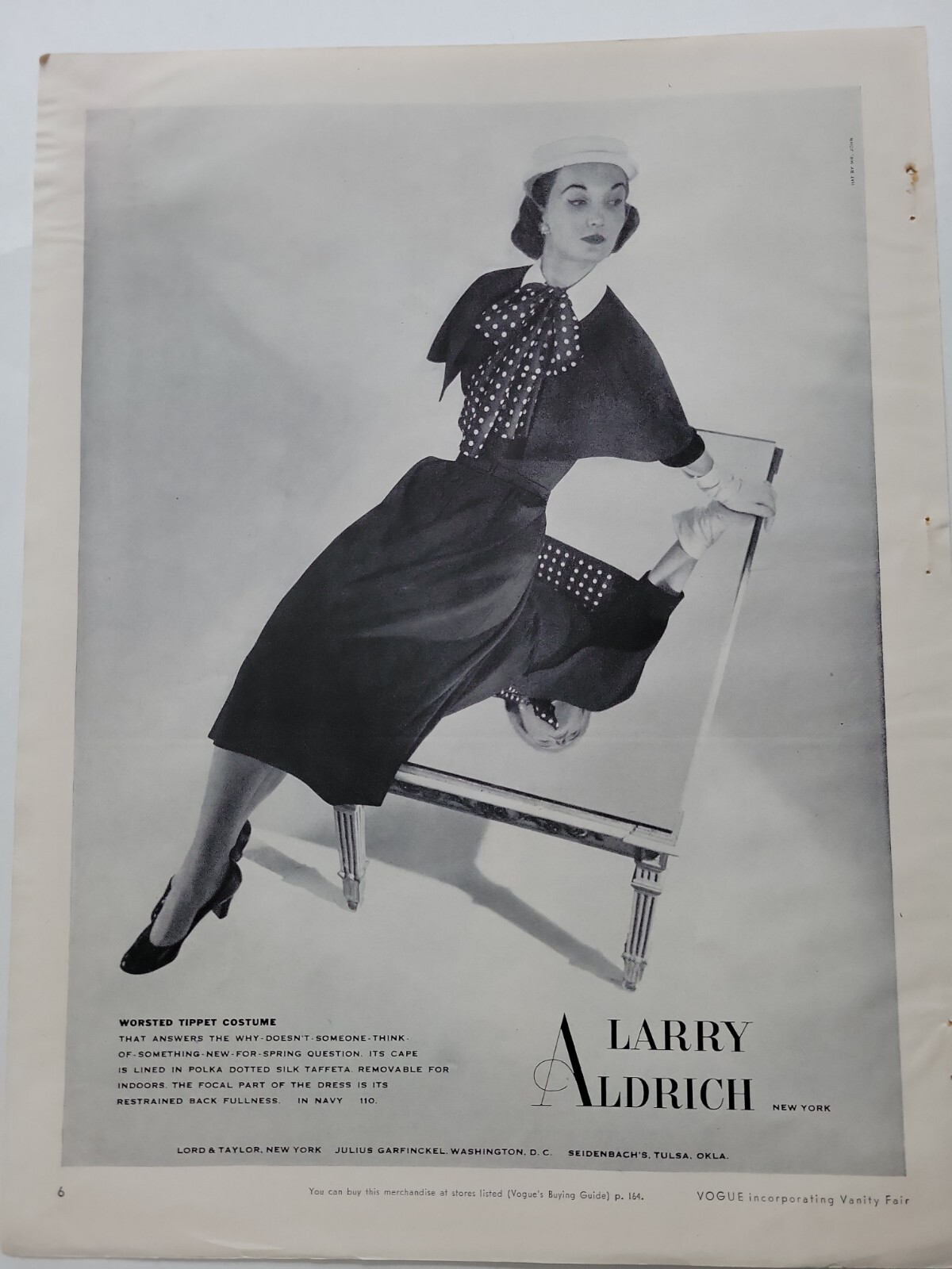 1952 Larry Aldrich women\'s worsted tippet costume dress vintage fashion ad