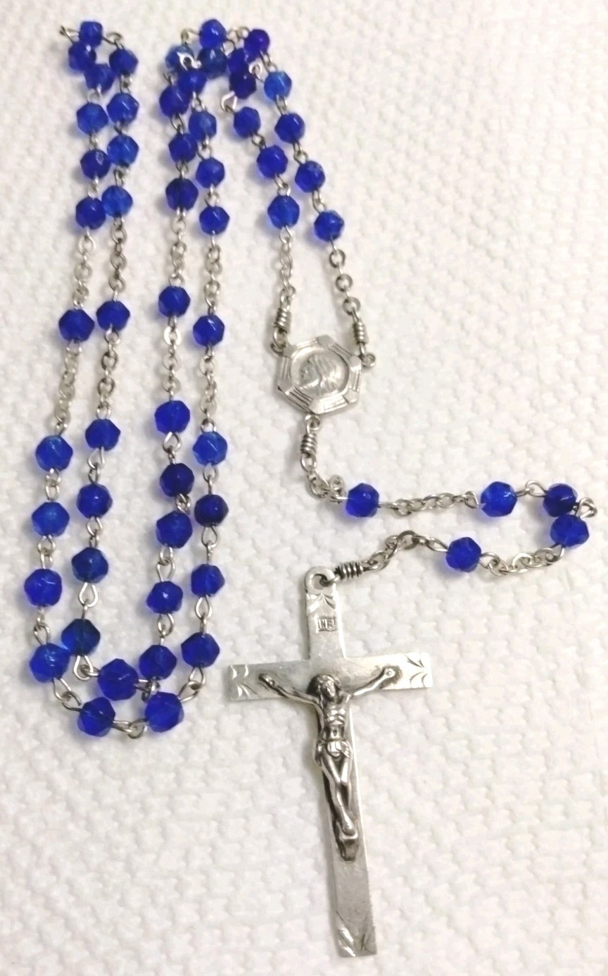 Vintage Sterling Silver Royal Blue Glass Bead Rosary