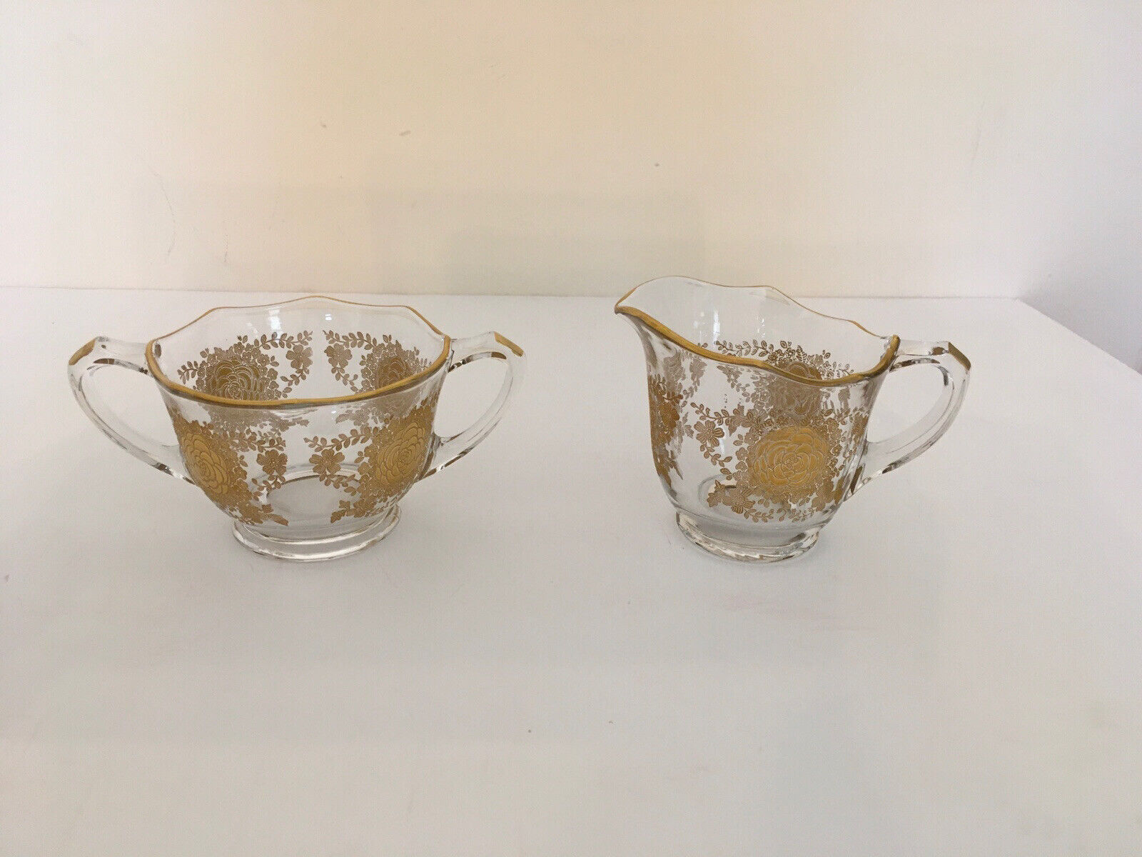 Antique Glass Sugar/Creamer Set with Heavy Gold- Trim Flowers & Edges