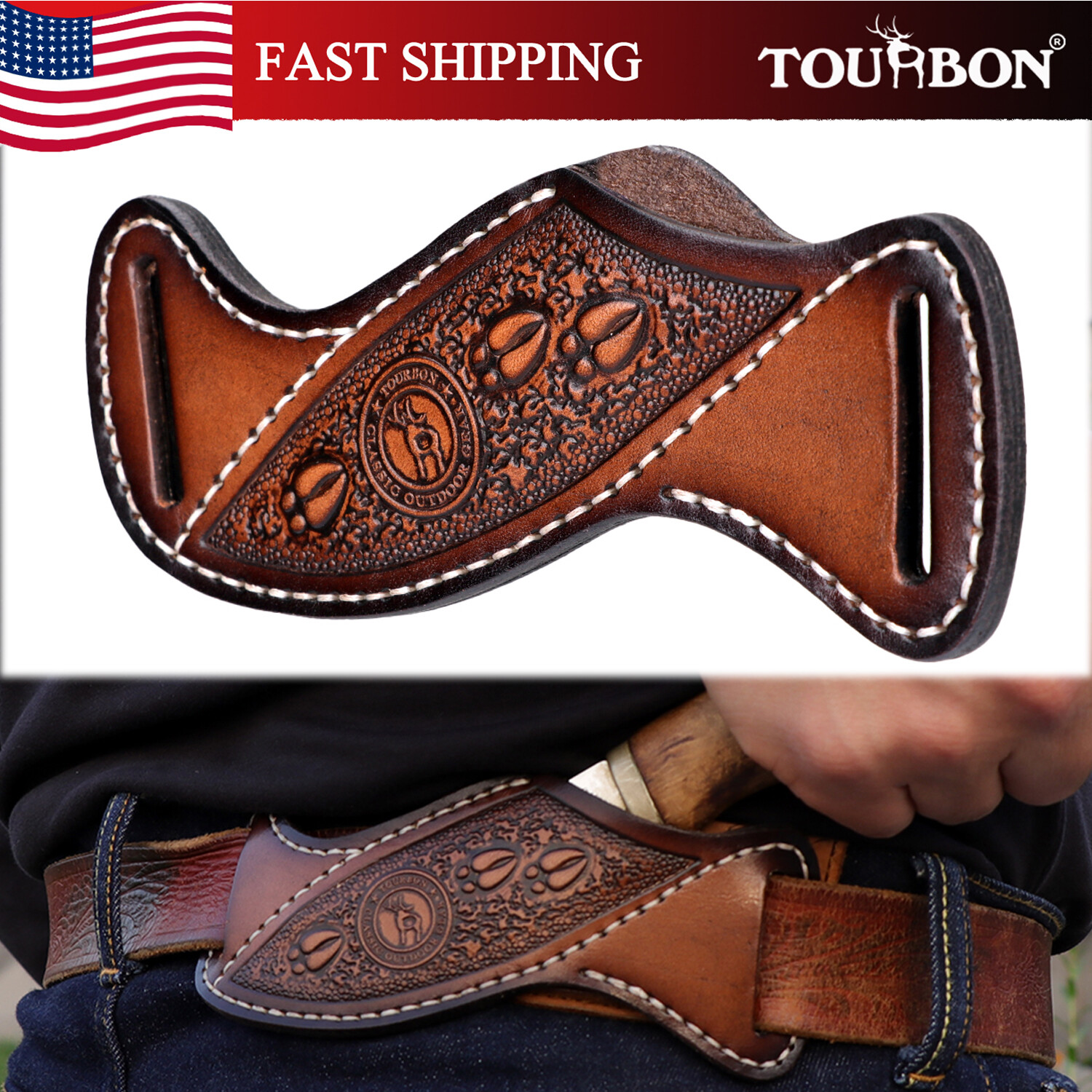 TOURBON Leather Fixed Blade Knife Sheath Slanted Pancake Belt Holster Hunting TOURBON Leather Fixed Blade Knife Sheath Slanted Pancake Belt Holster Hunting