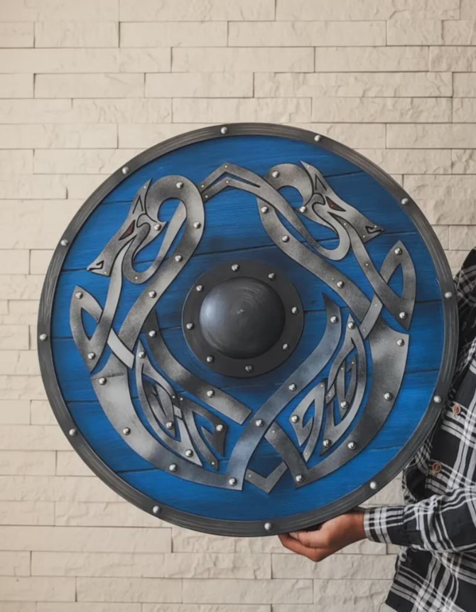 Handmade Blue Viking Shield: Norse Dragon Decor, LARP Cosplay Shield