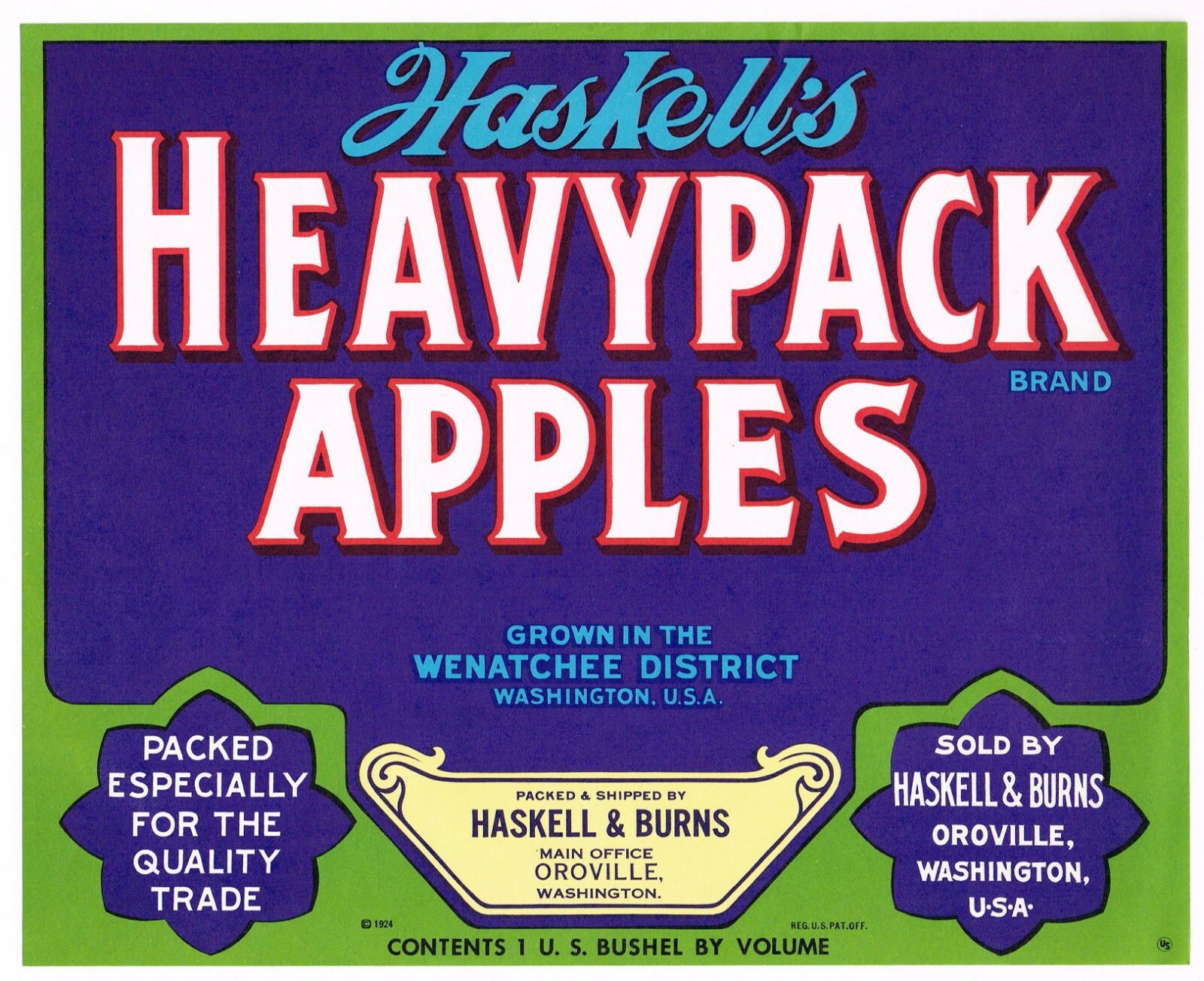 ORIGINAL BLUE HASKELL'S HEAVYPACK APPLE CRATE LABEL WENATCHEE OROVILLE 1950S ORIGINAL BLUE HASKELL'S HEAVYPACK APPLE CRATE LABEL WENATCHEE OROVILLE 1950S