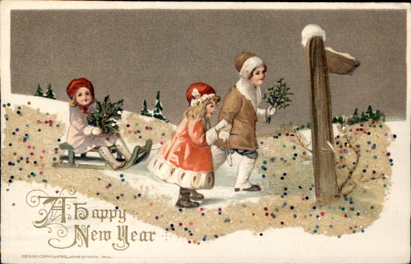 New Year's Children on Winter Path John Winsch c1910s-20s Vintage Postcard New Year's Children on Winter Path John Winsch c1910s-20s Vintage Postcard