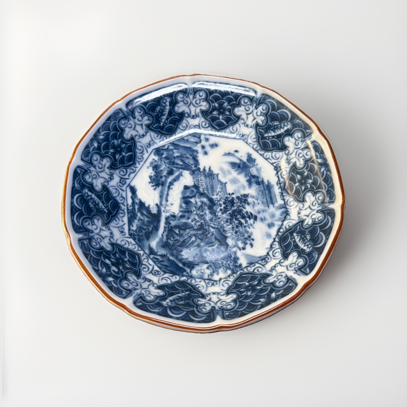Vintage Andrea by Sadek Blue White Porcelain Landscape Scalloped Japanese Bowl