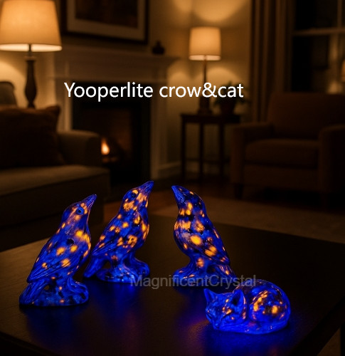 2pcs Yooperlite Crow & Cat UV Light Glow Reactive Set Healing Home Decor Gifts
