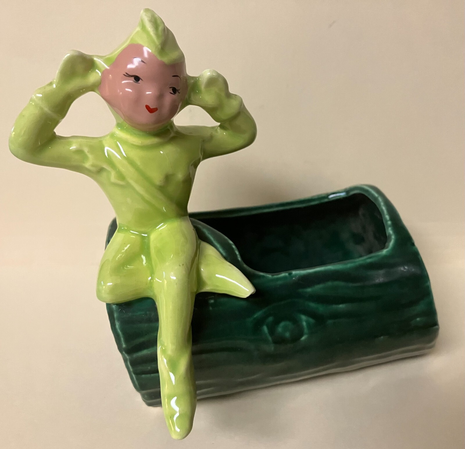 Vintage  50s / 60s - Ceramic - Green Pixie / Elf on Log - Small Planter