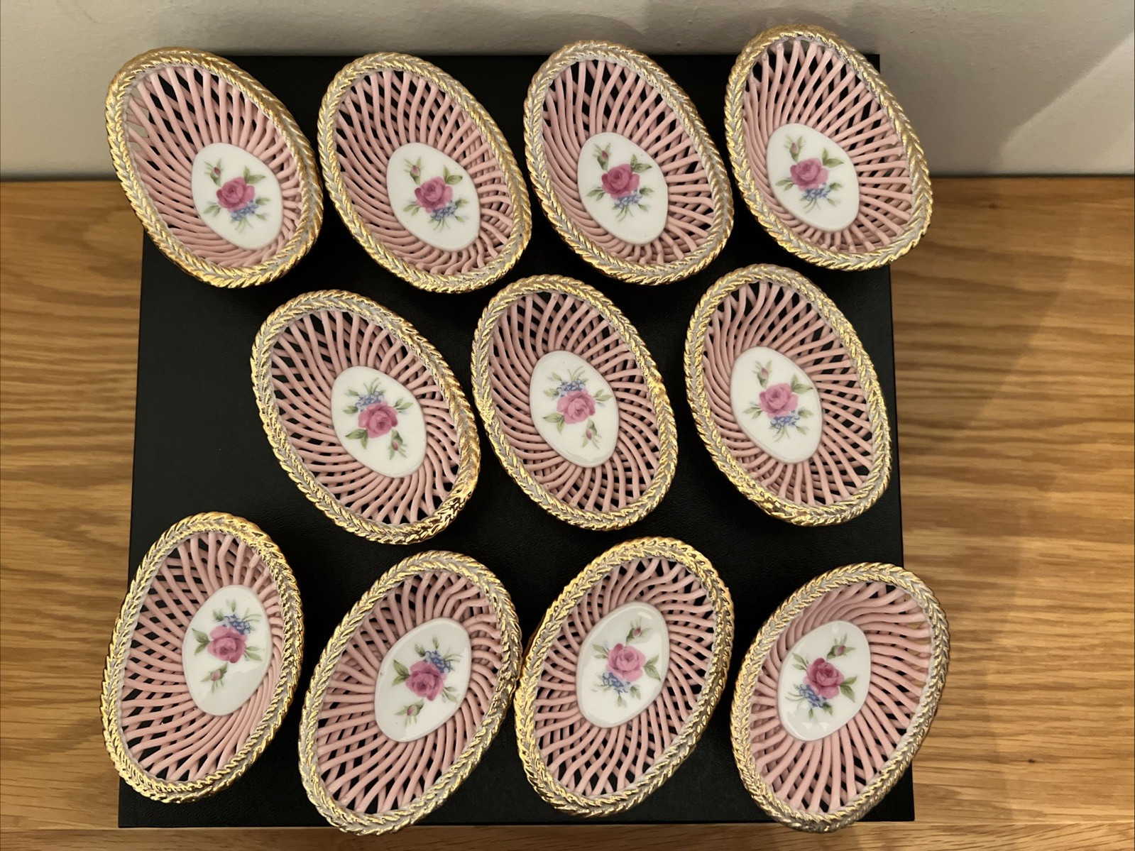 Lot 11 Richard Japan Porcelain Basket Pink Rose Center Reticulated Ceramic Dishs Lot 11 Richard Japan Porcelain Basket Pink Rose Center Reticulated Ceramic Dishs