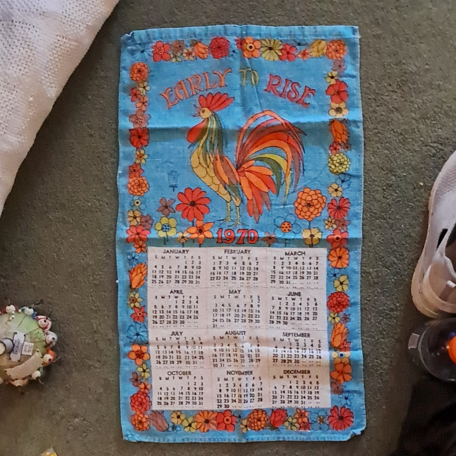 1970 Red Turquoise Aqua Orange Rainbow Rooster Tea Towel Mod Hanging Calendar 1970 Red Turquoise Aqua Orange Rainbow Rooster Tea Towel Mod Hanging Calendar