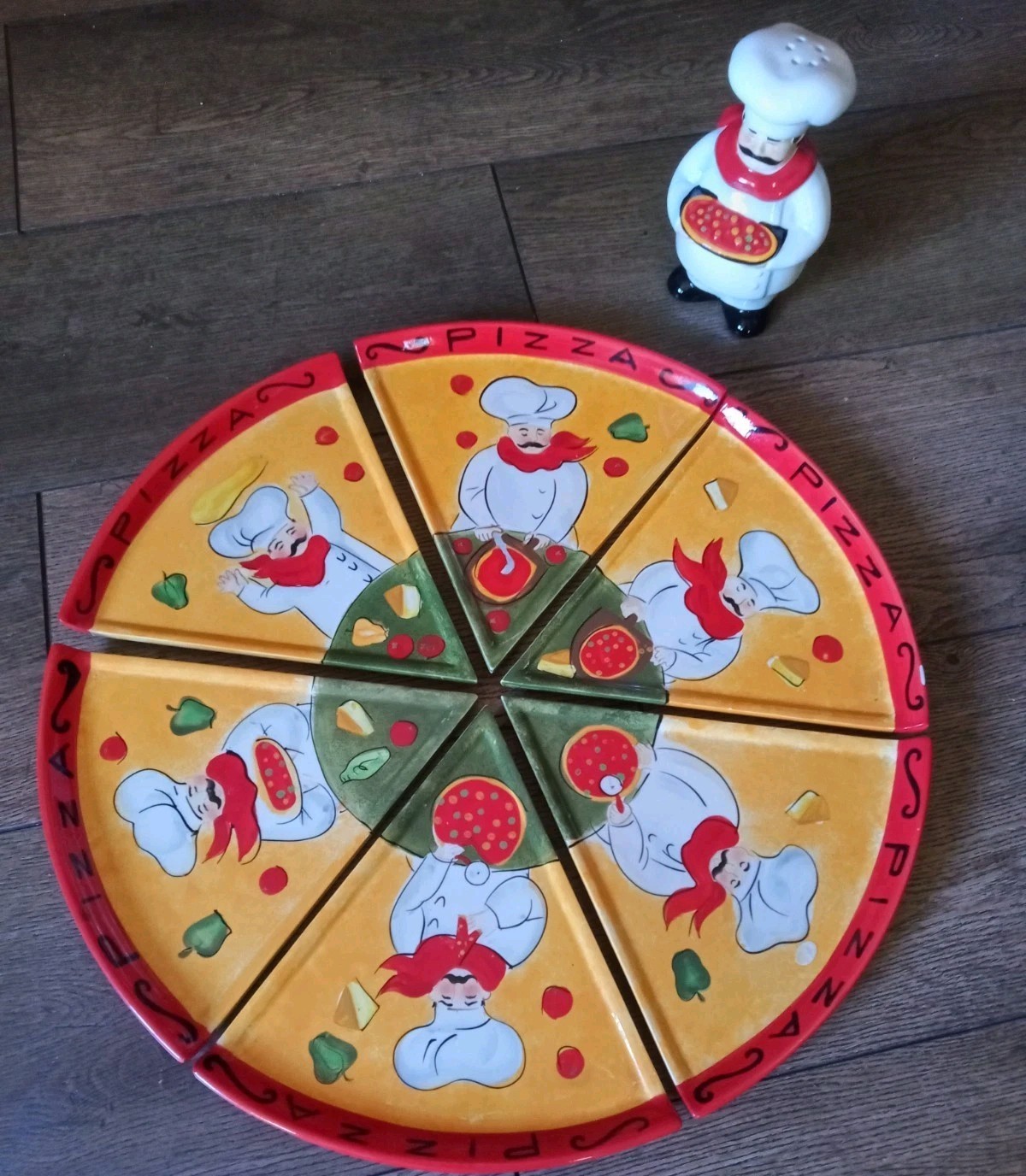 Certified International Pizza Plates 6 & Dinner Is Served Cheese Shaker 