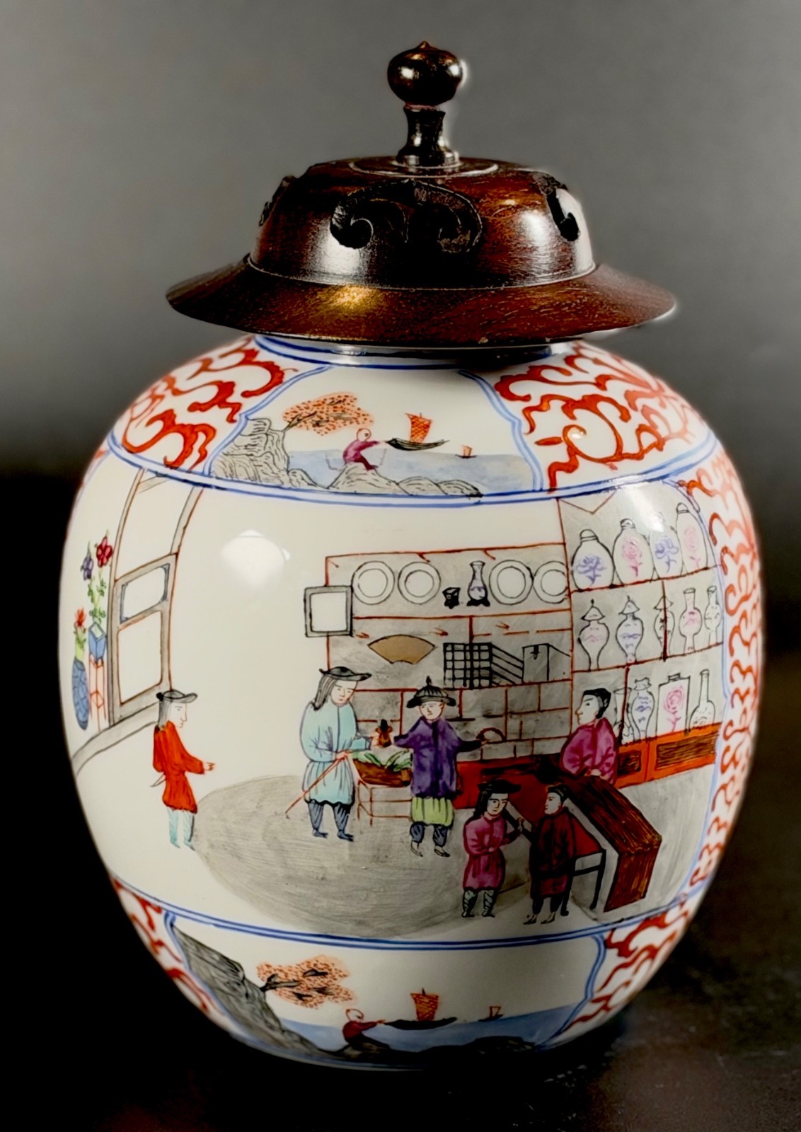 Vintage Hand Painted Hong Kong Covered Ginger Jar - Chinese Workshop Scene