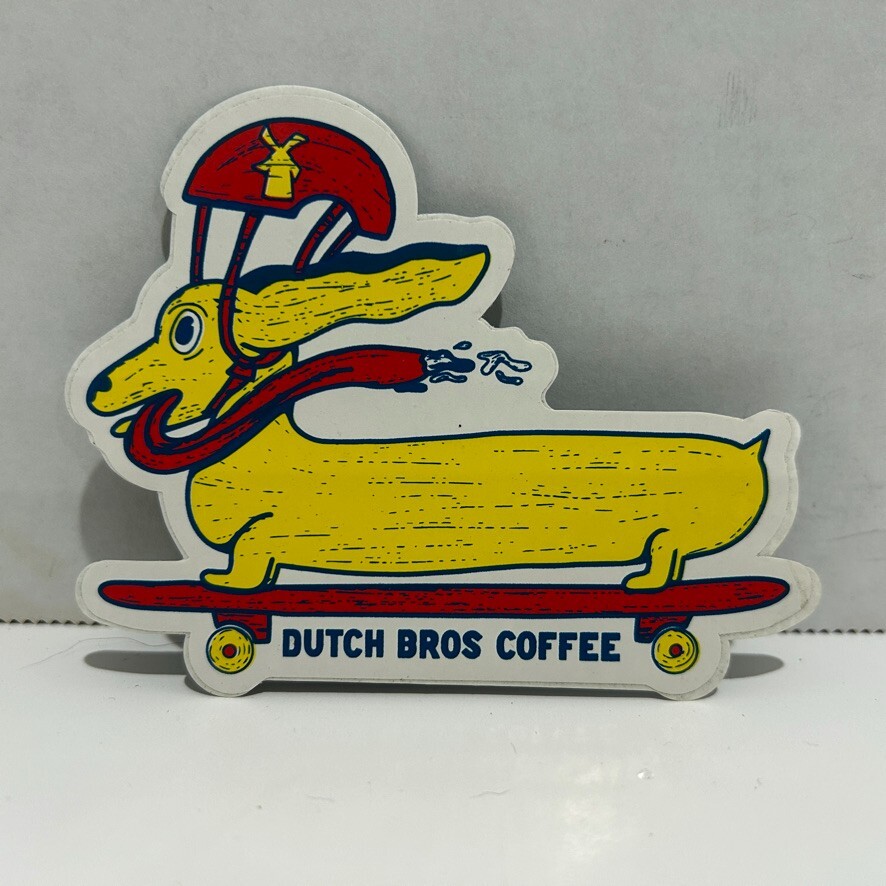 Vintage Dutch Bros Coffee Sticker Weiner Dog on Skateboard Dachshund New Unused Vintage Dutch Bros Coffee Sticker Weiner Dog on Skateboard Dachshund New Unused