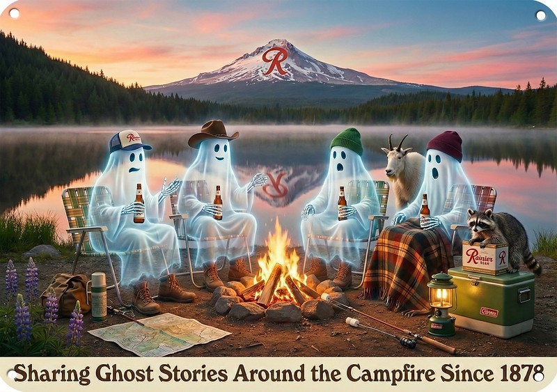 1970s RAINIER Beer Campfire Ghost Stories & Mt. Goat & Racoon METAL BAR SIGN Art