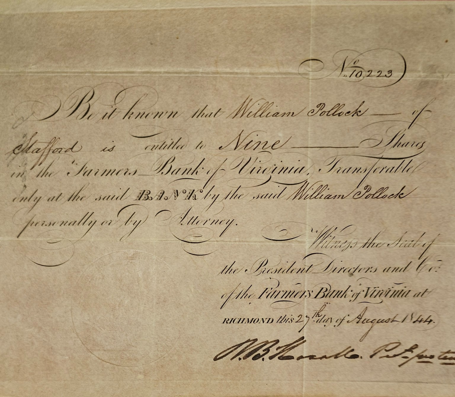 1844 Farmers Bank of Virginia Stock Certificate – William Pollock Slaveholder VA