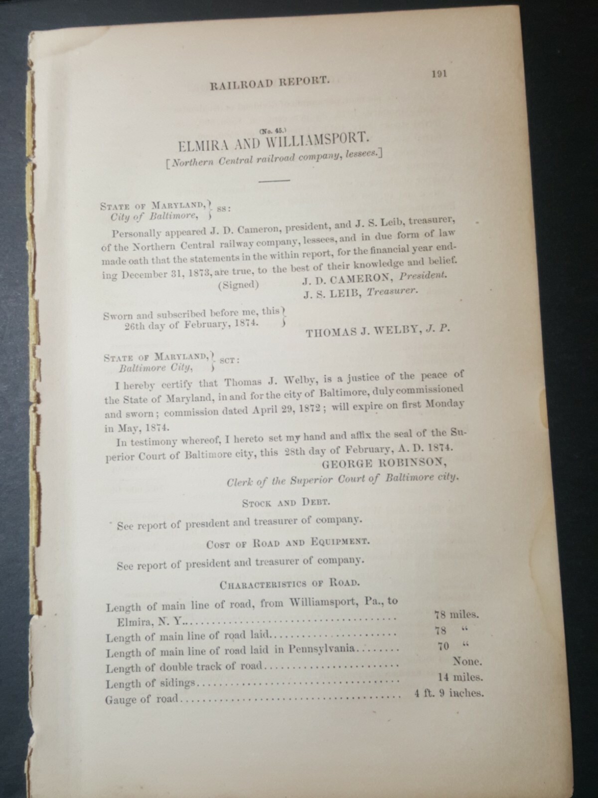 1874 train report  ELMIRA & WILLIAMSPORT RAILROAD  north central RR Pennsylvania