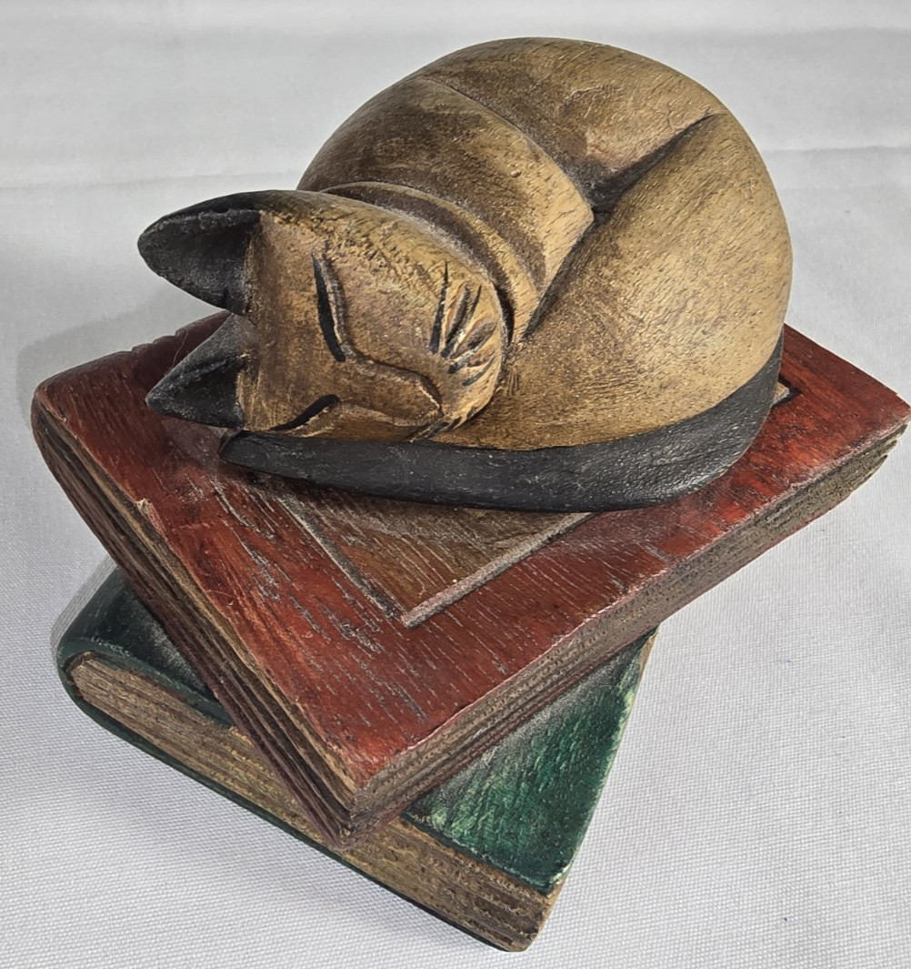 Vintage Carved Wooden Cat Sleeping on Books Figurine Rustic Book Lover Cat Decor Vintage Carved Wooden Cat Sleeping on Books Figurine Rustic Book Lover Cat Decor