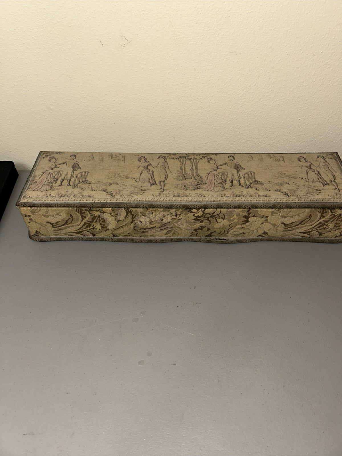 Antique French Tapestry Vanity Glove Elongated Box Pastoral Romantic Scene 24” Antique French Tapestry Vanity Glove Elongated Box Pastoral Romantic Scene 24”