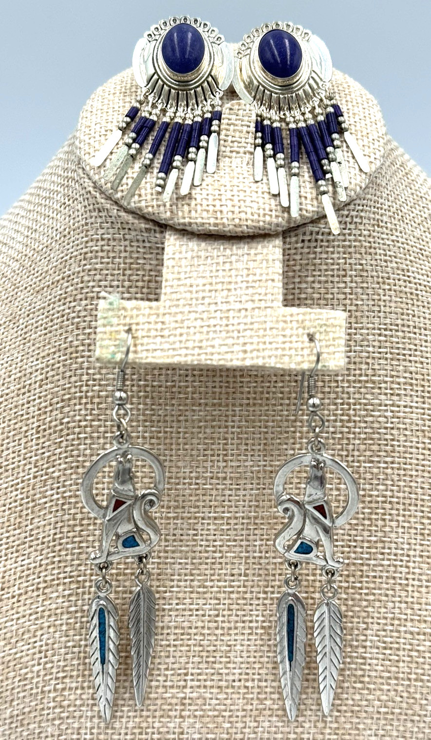 2 Pair Sterling Silver Native American Signed Earrings Howling Wolf STC Sunwest 