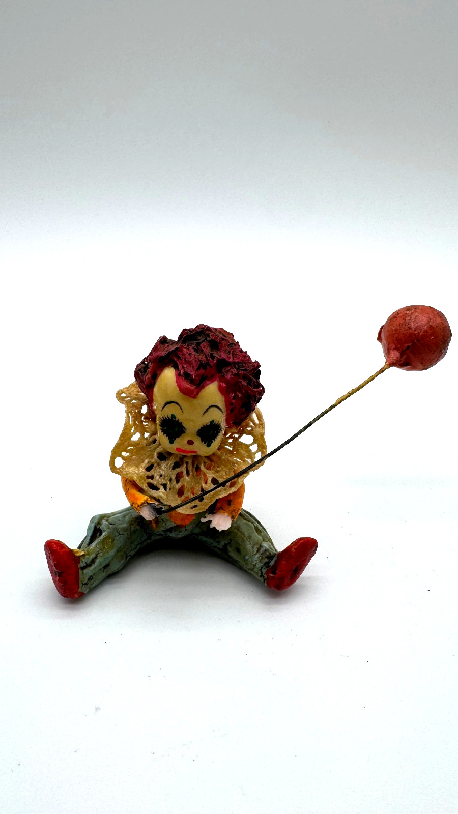 Vintage Mexican Paper Mache Clown Figurine w Balloon Sitting Folk Art Mini
